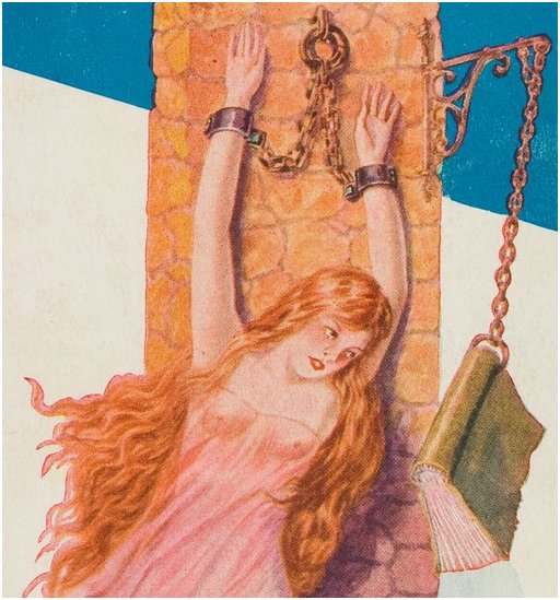 chained woman in a filmy transparent dress near a book dangling from a chain