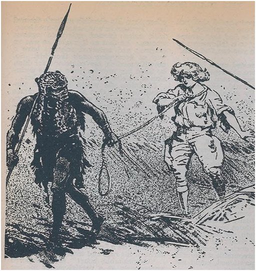 pulp art illustration of a woman in white european explorer gear being led by an african warrior who has his rope around her neck