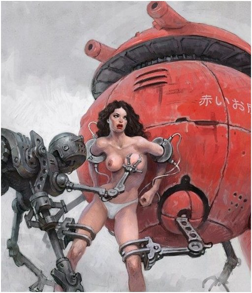two robots have grabbed and partially stripped a woman and one of them is squeezing her breasts with his claw hands