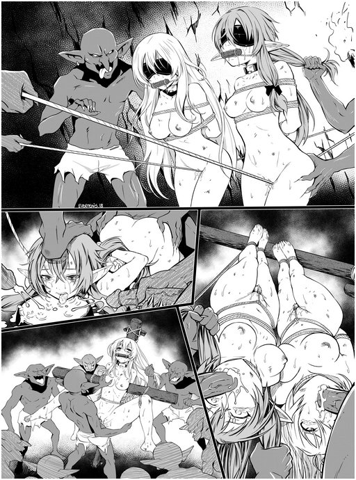 several panels showing two pretty elf girls in severe bondage and getting gangbanged by their goblin captors