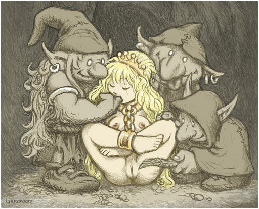 blonde princess in golden shackles gets her pussy teased by cute little trolls