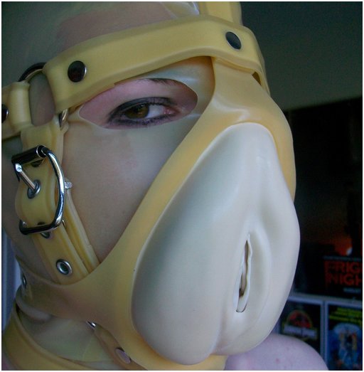 latex hood and harness with a gag shaped like a cunt