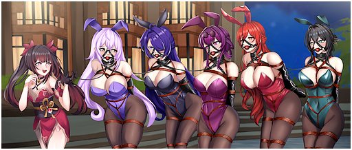 five colorful anime girls wearing high heels and fancy pantyhose and corsets and rabbit ears are roped together in a slave coffle