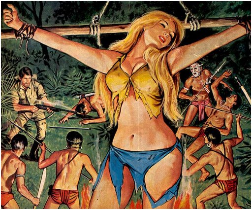 blonde hangs limply from a bondage pole as a white explorer type man faces off with his rifle versus half a dozen indigenous warriors armed with spears and swords