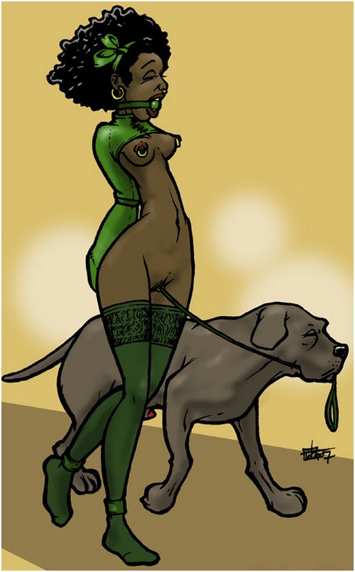 gagged black woman wearing an arm binder is being led on a walk by a contented looking dog pulling her leash which is attached to a ring in her pussy